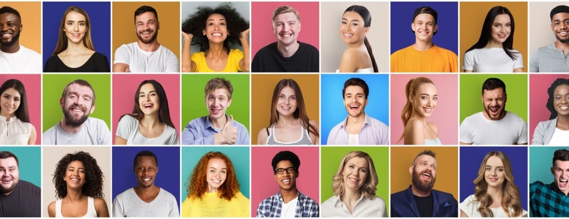 Collage of smiling and happy multiethnic people